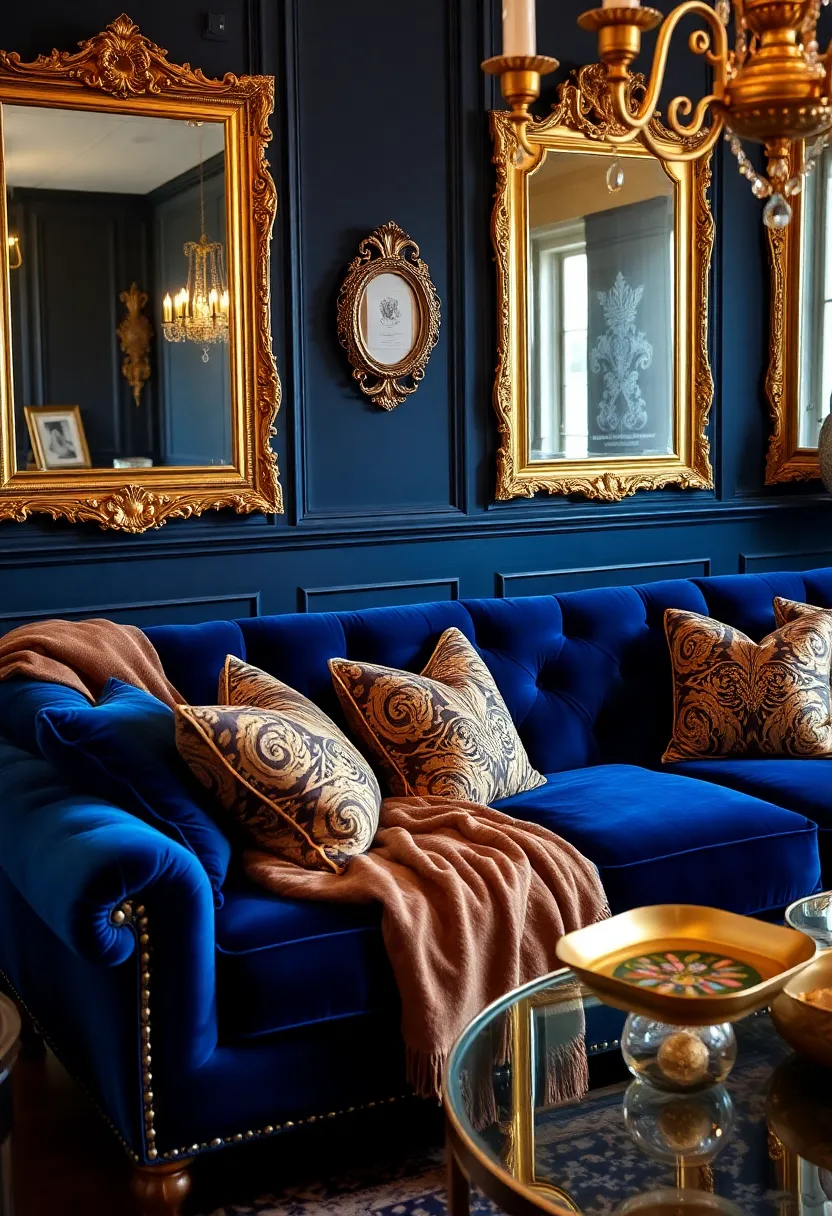 21 seasonal decor ideas for living room with a blue couch: Refresh your room all year round - 20th glamorous gold accents