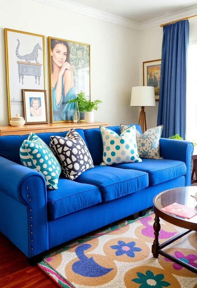 21 seasonal decor ideas for living room with a blue couch: Refresh your room all year round - 14th playful pattern