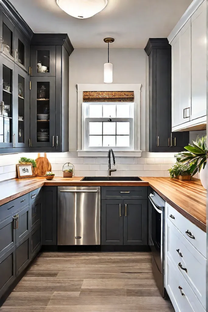 Small Art Deco-style kitchen with geometric patterned floors, black and gold accents, mirrored backsplash and elegant cabinets