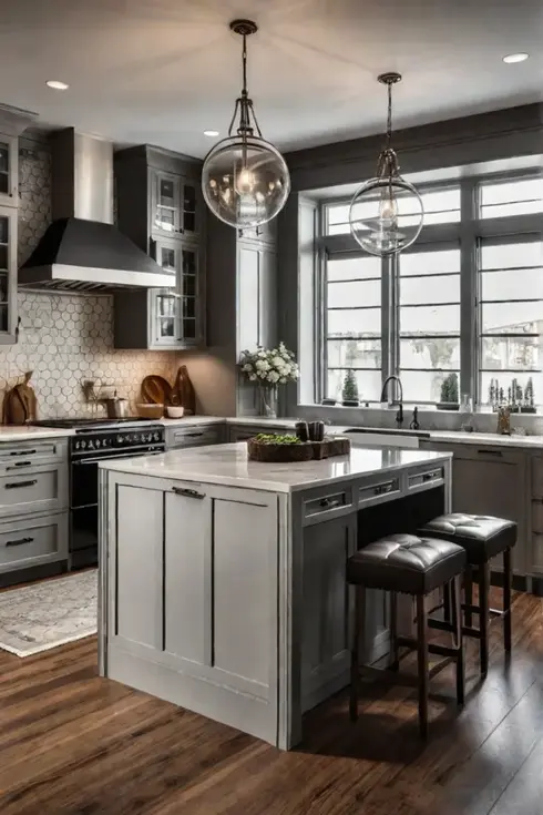 Kitchen island with cabinets wrapped in contact paper with a delicate floral pattern