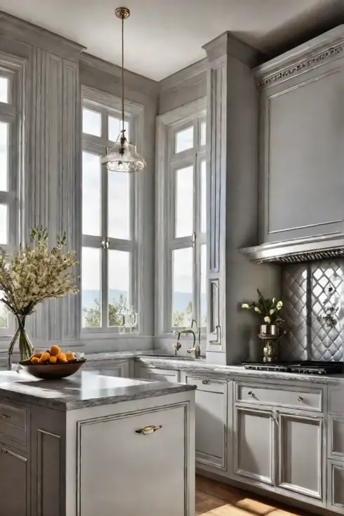 Kitchen cabinets with glass front doors showcase beautifully arranged tableware