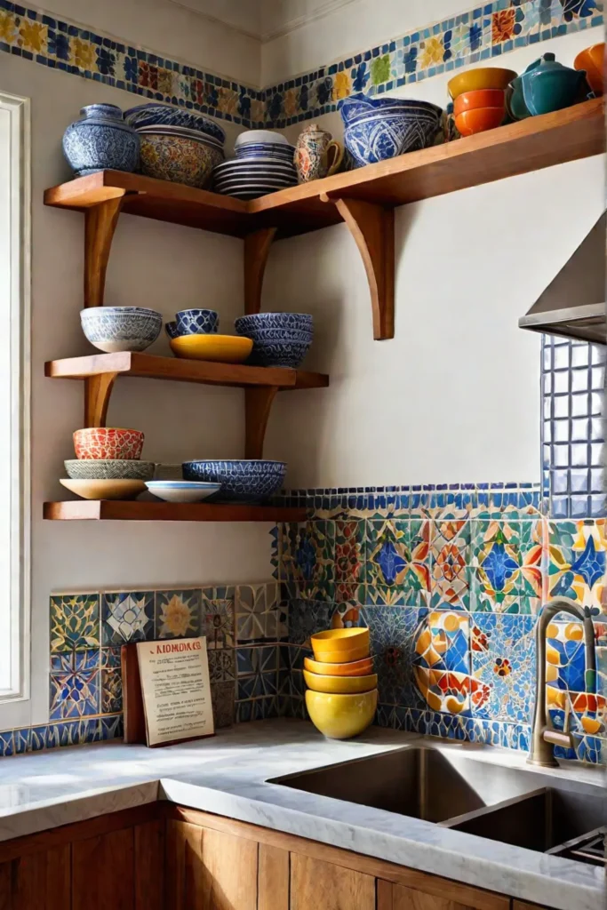 A cozy kitchen with open shelves and a colorful splashback