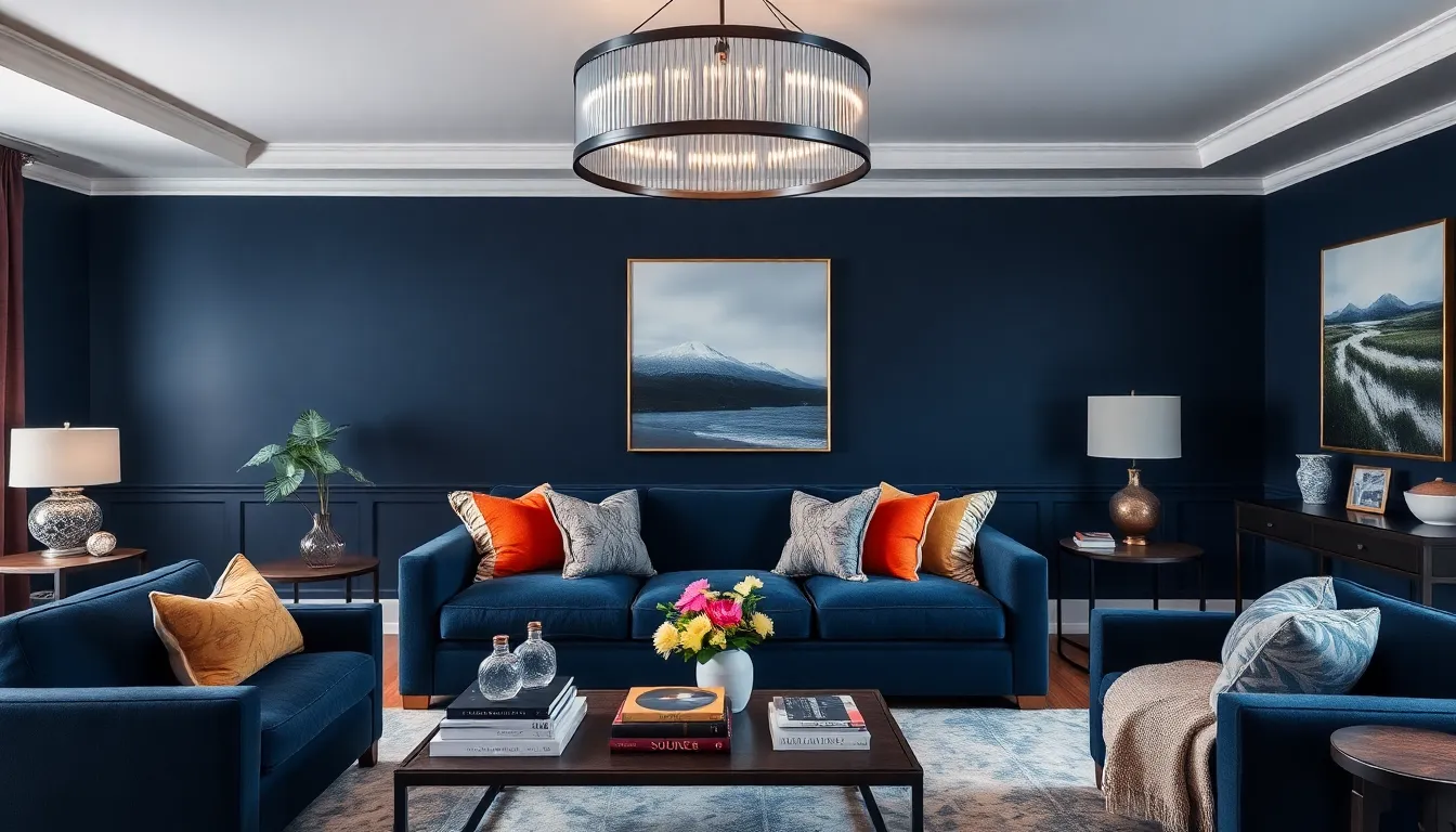 Transform Your Dark Blue Living Room: 15 Essential Decor Pieces to Elevate Your Statement Lighting!