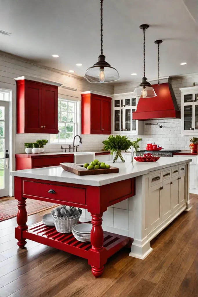 A kitchen island in bold red as an eye-catcher in a white farmhouse kitchen