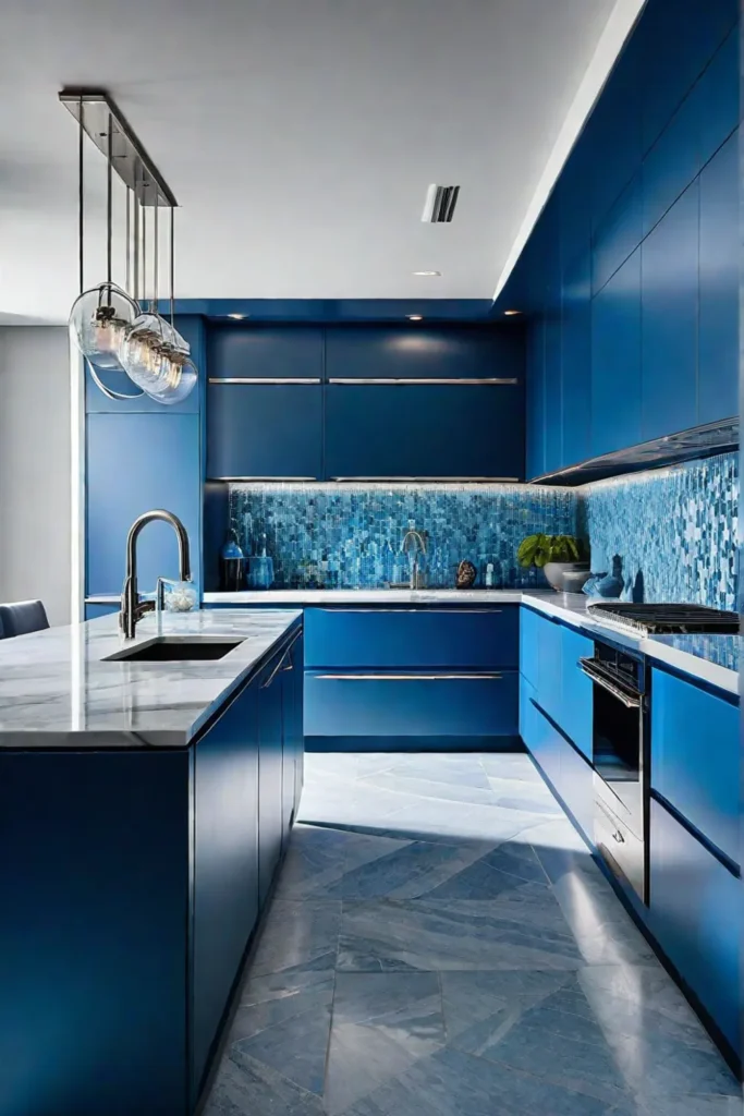 A calm blue kitchen with modern design elements