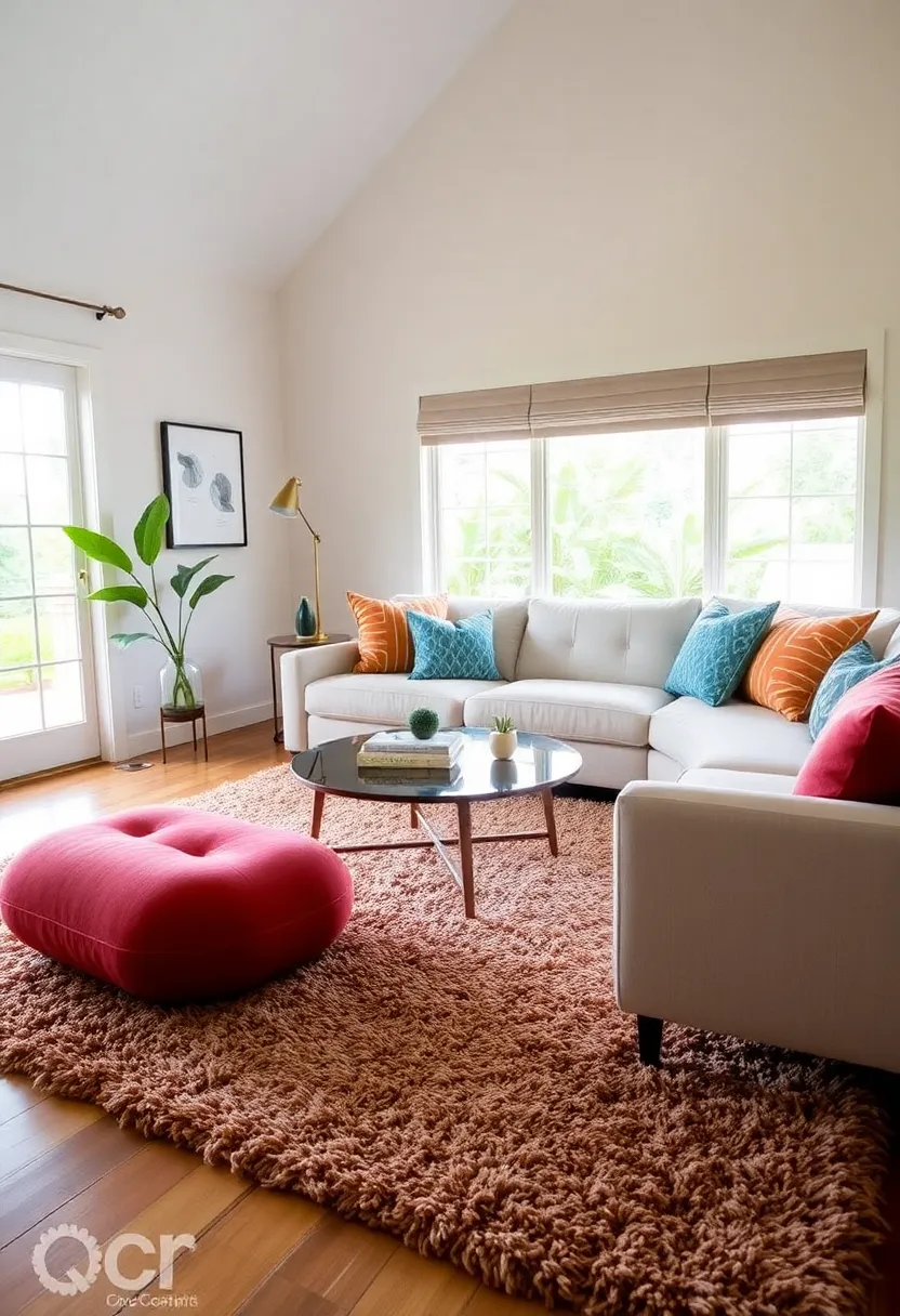 Create a Cozy Retreat: Enjoy comfort with a curved CB2 sofa and vibrant accents! - 13. Use carpets for comfort