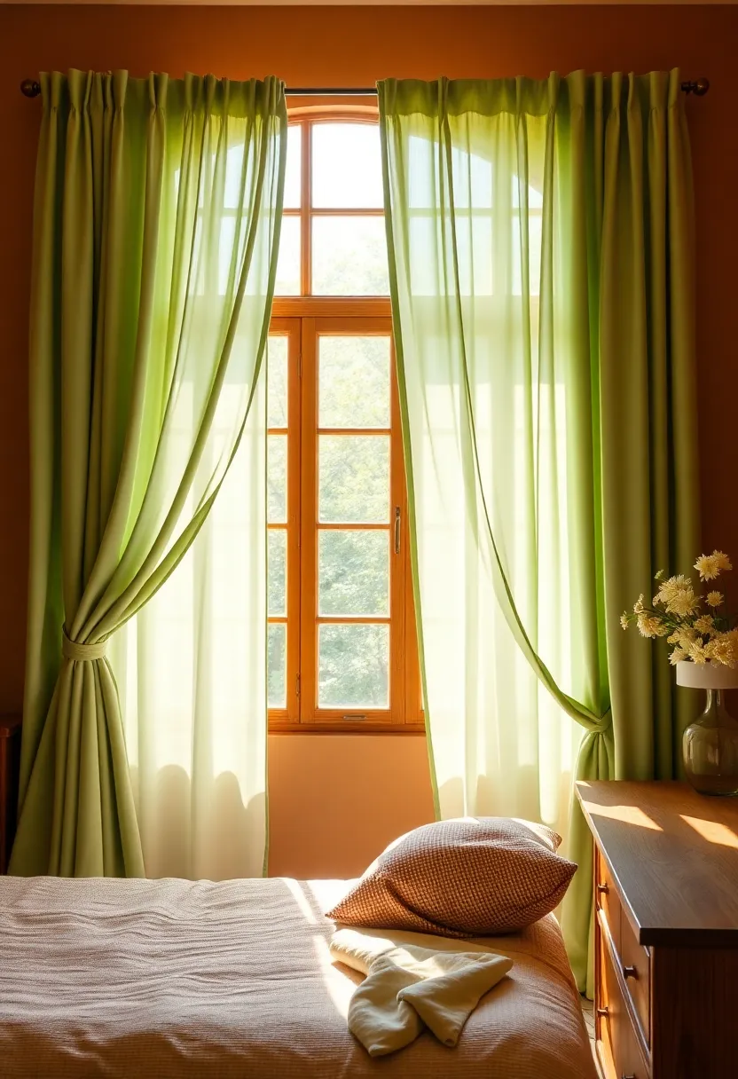 Create a tranquil bedroom retreat with accents of earthy terracotta and sage green! - 6. Sage green curtains