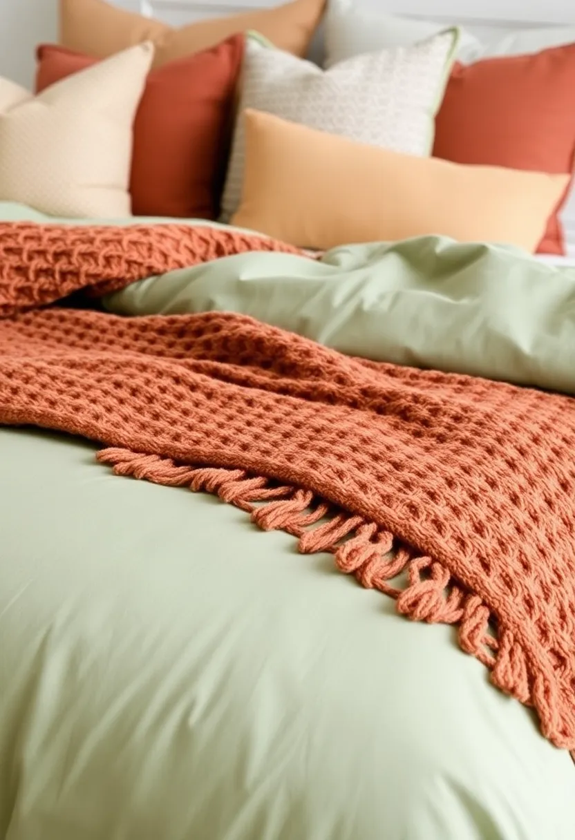 Create a tranquil bedroom retreat with accents of earthy terracotta and sage green! - 2. Cozy textiles