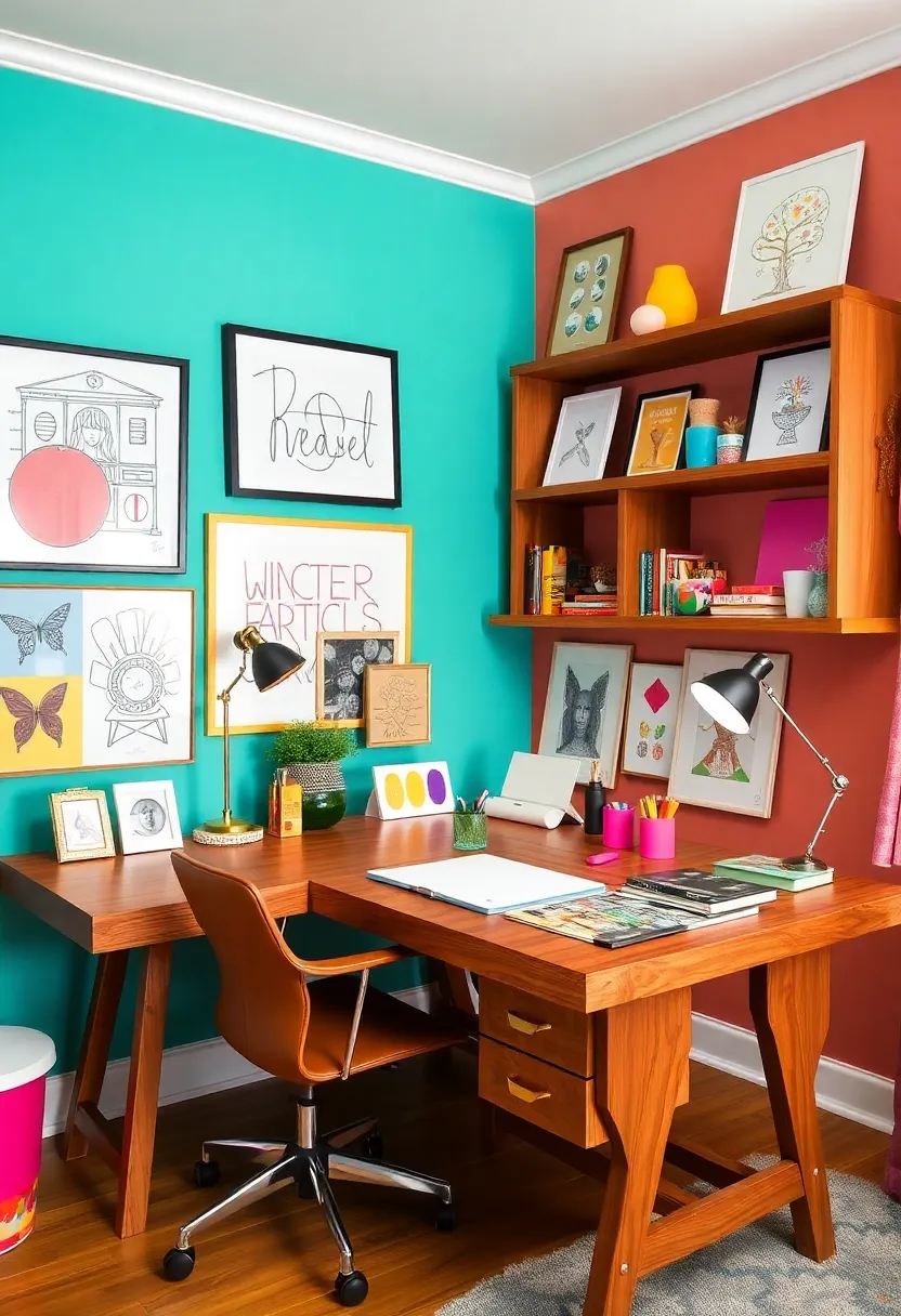 Creating a Cozy Home Office: 19 Perfect Wooden Desk and Shelves Combinations - 13. Artistic Flair: Creative Desk and Gallery Shelves