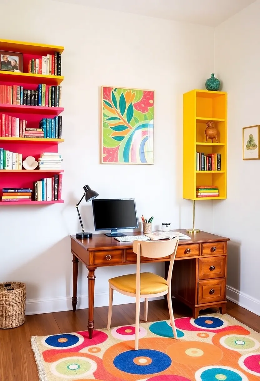 Creating a Cozy Home Office: 19 Perfect Wooden Desk and Shelves Combinations - 11. Pop of Color: Vibrant Shelves in Front of a Wooden Desk