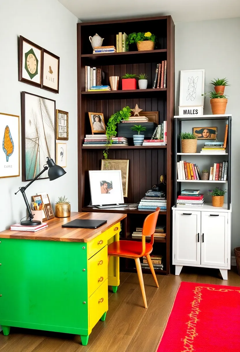 Creating a Cozy Home Office: 19 Perfect Wooden Desk and Shelves Combinations - 7. Eclectic Mix: Mismatched Desks and Shelves