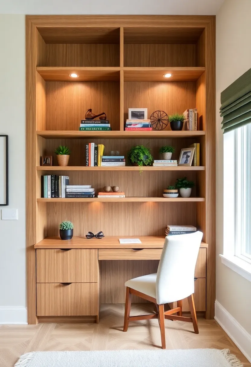 Creating a Cozy Home Office: 19 Perfect Wooden Desk and Shelves Combinations - 10. Functional Beauty: Integrated Desk and Shelves