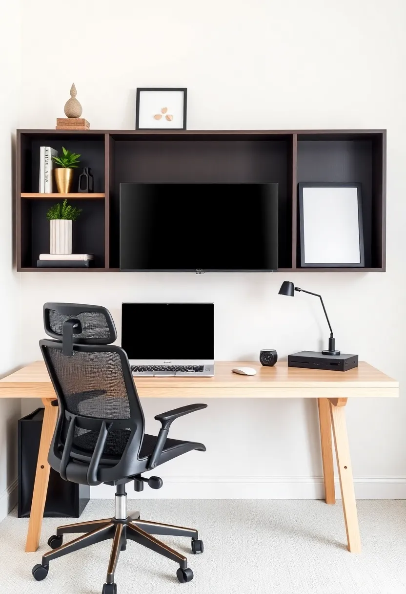 Creating a Cozy Home Office: 19 Perfect Wooden Desk and Shelves Combinations - 2. Minimalist Elegance: Sleek Desk with Floating Shelves