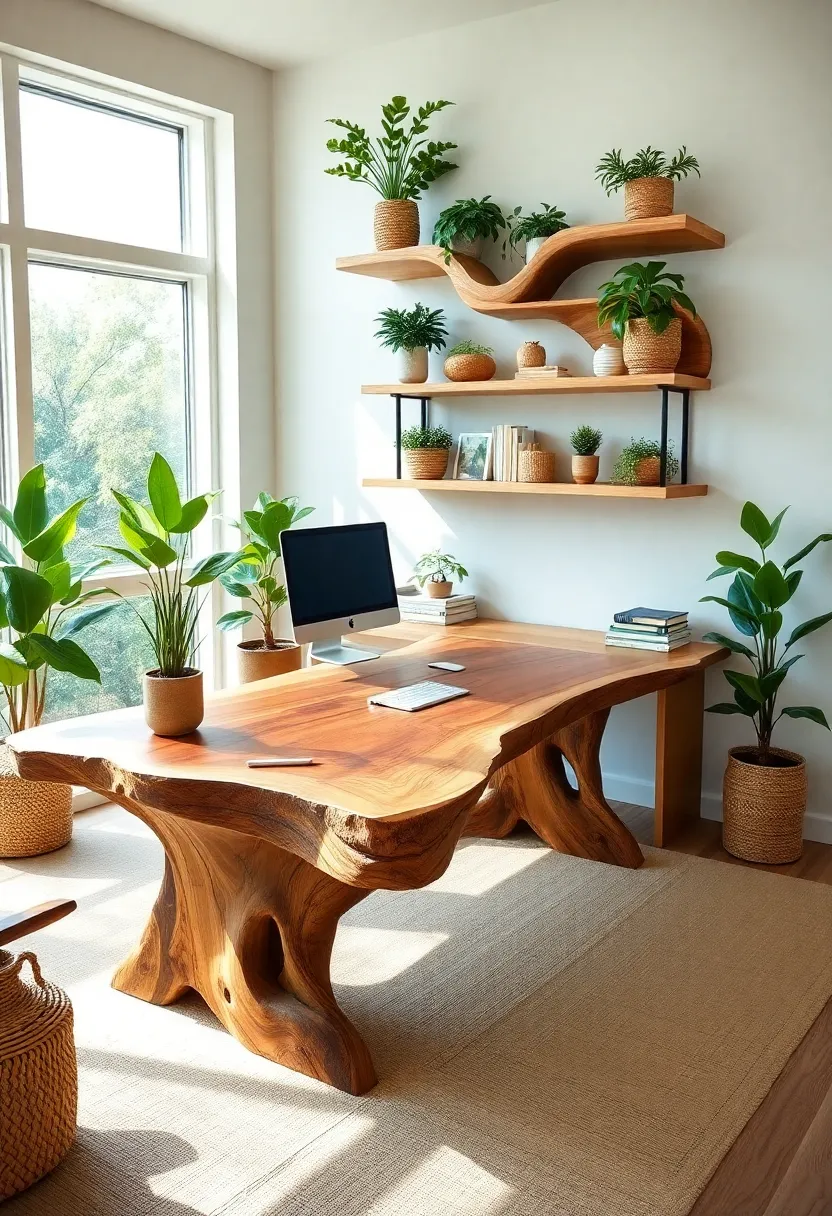 Creating a Cozy Home Office: 19 Perfect Wooden Desk and Shelves Combinations - 9. Natural Elements: Live Edge Desk with Organic Shelves