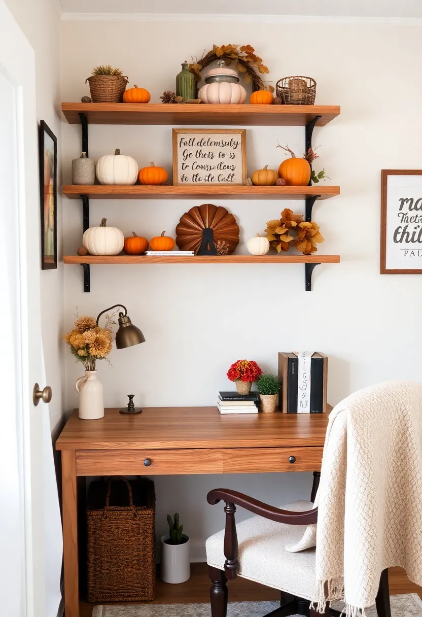 Creating a Cozy Home Office: 19 Perfect Wooden Desk and Shelves Combinations - 17. Seasonal Decor: Changeable Shelves for Every Season