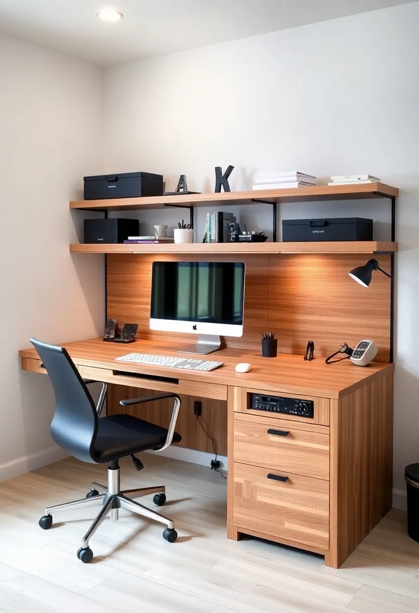 Creating a Cozy Home Office: 19 Perfect Wooden Desk and Shelves Combinations - 15. Tech-Friendly: Desk and Shelves with Built-In Features