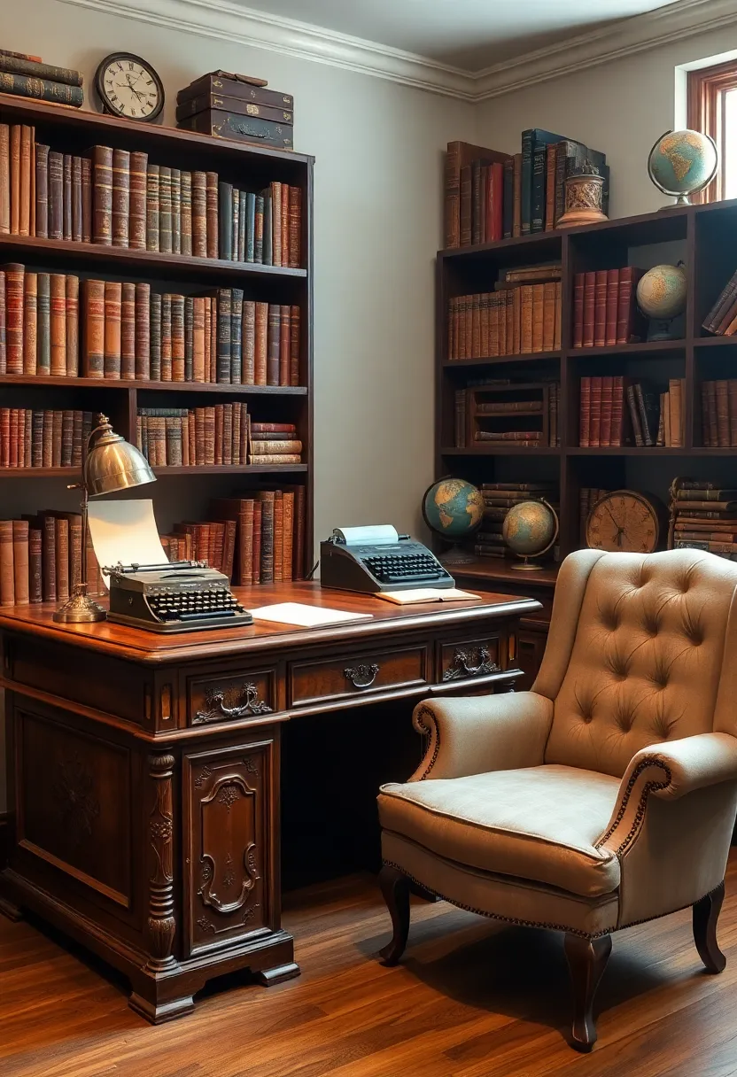 Creating a Cozy Home Office: 19 Perfect Wooden Desk and Shelves Combinations - 5. Vintage Atmosphere: Antique Wooden Desk with Classic Shelves