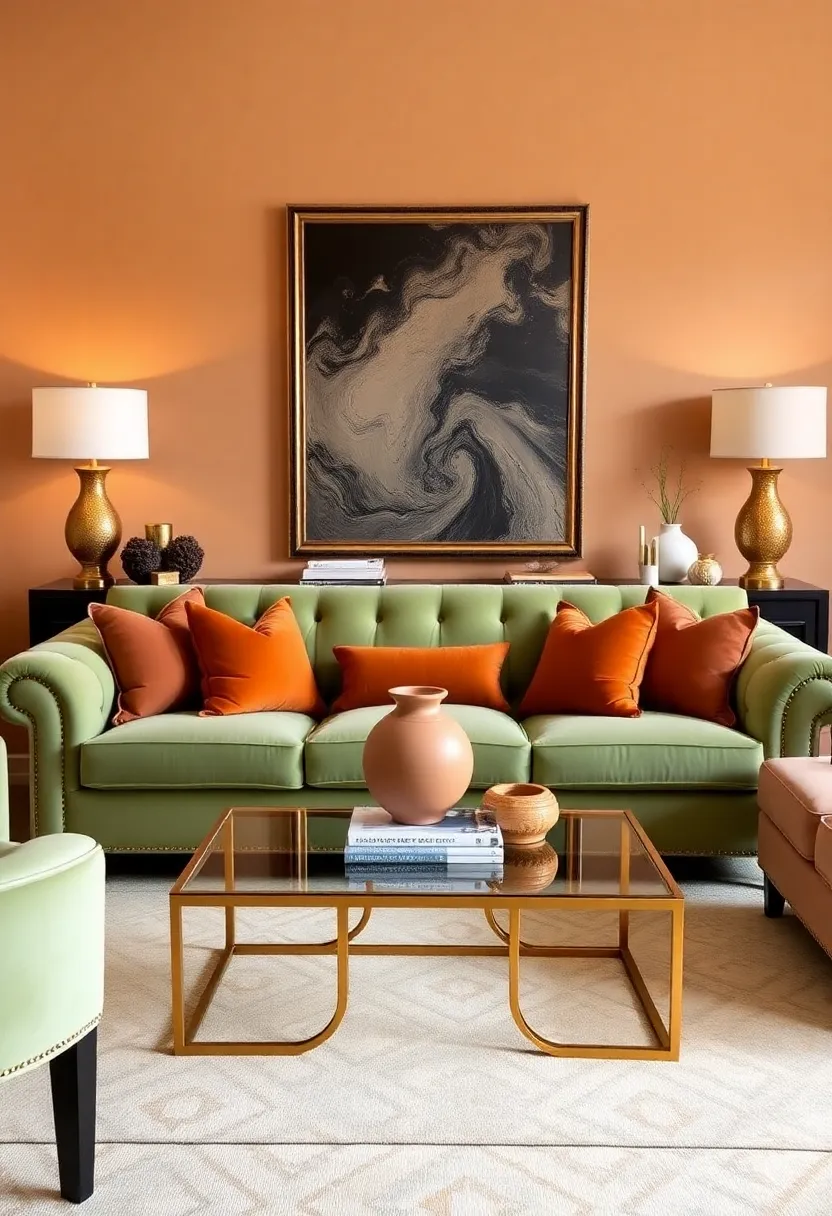 Create an inviting living room: 21 earthy terracotta and sage-green color schemes! - 15. Elegant glamor