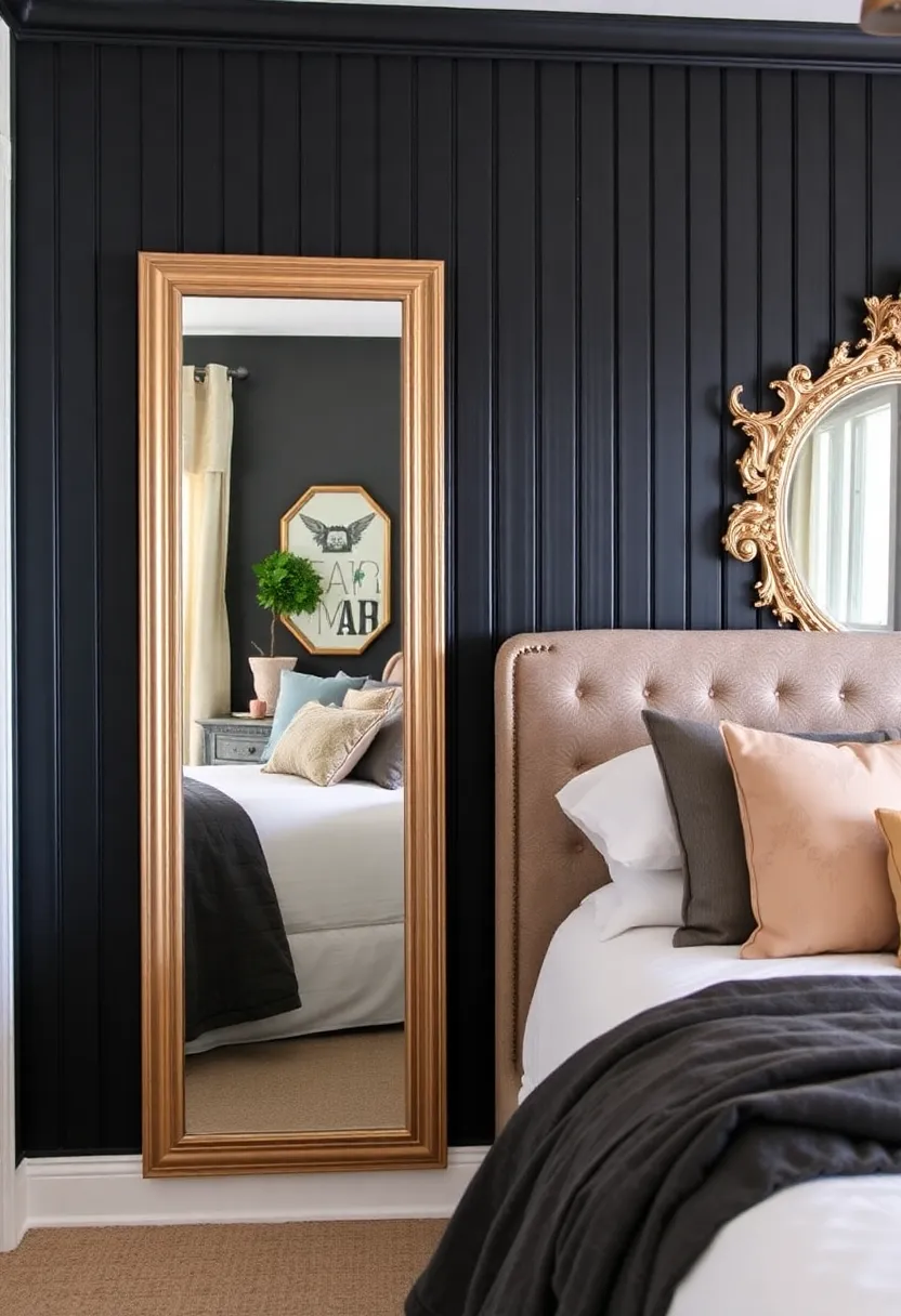 Experience the rustic charm with a black beadboard accent wall in your bedroom! - Use mirrors for more depth