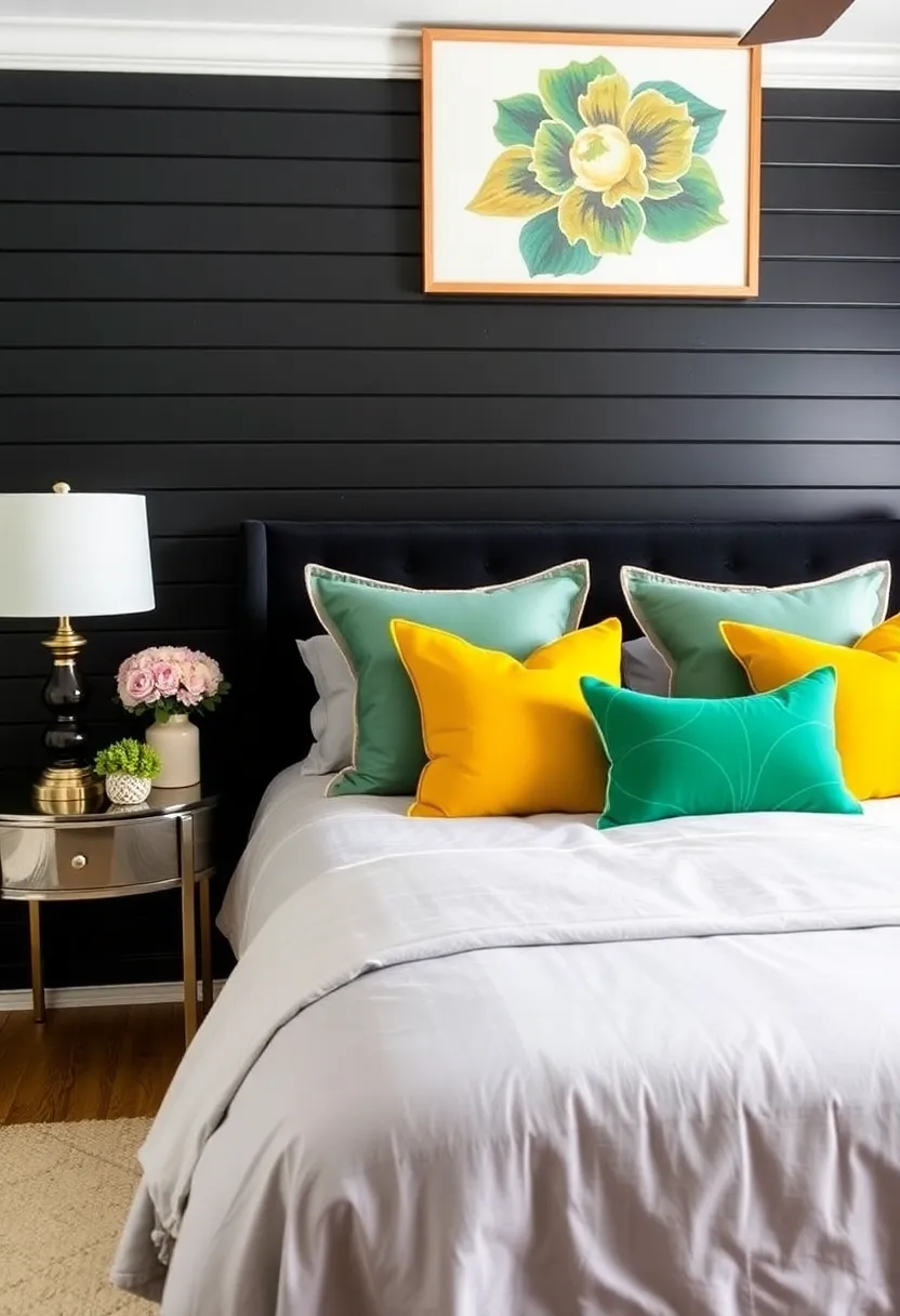 Experience the rustic charm with a black beadboard accent wall in your bedroom! - Play with color palettes