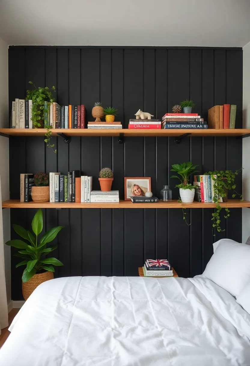 Experience the rustic charm with a black beadboard accent wall in your bedroom! - Use open shelves