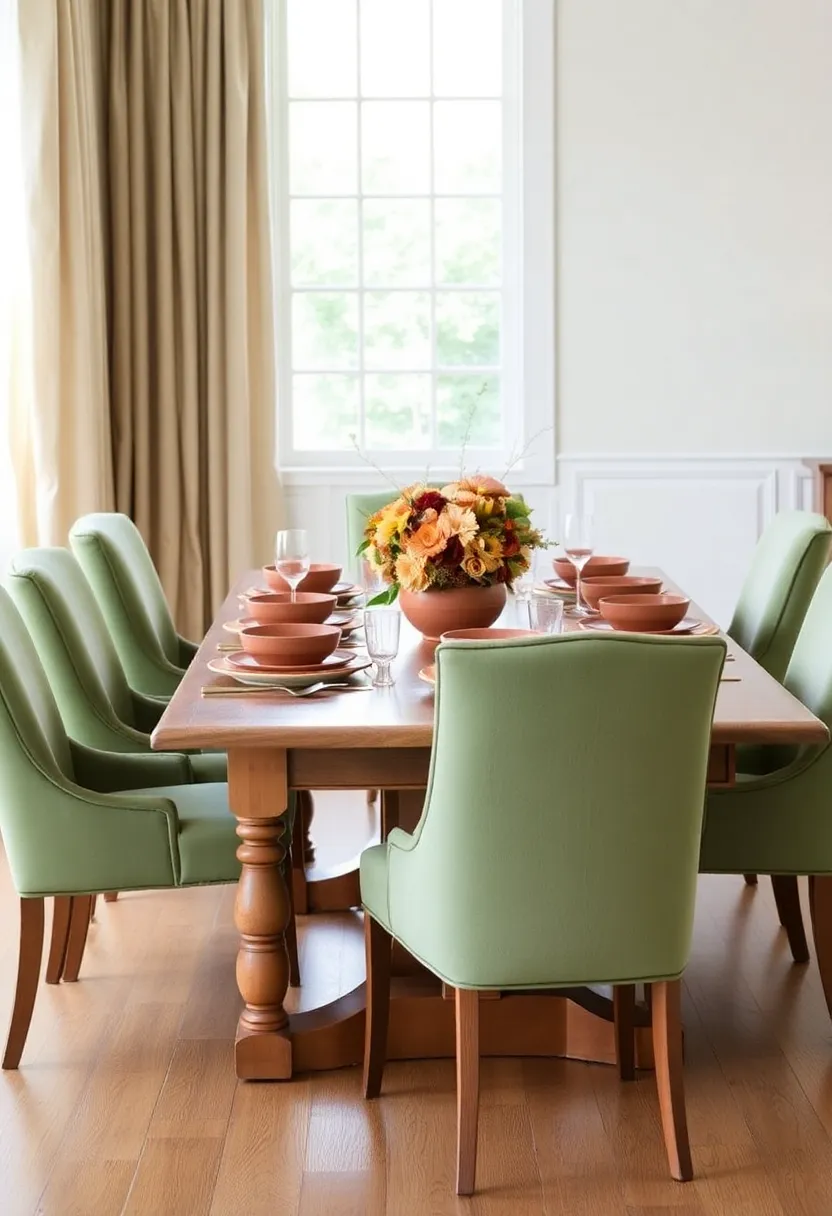 Makeover for furniture: 17 painting and upholstery with earthy terracotta and sage green! - 2. Sage green padded Esstühle