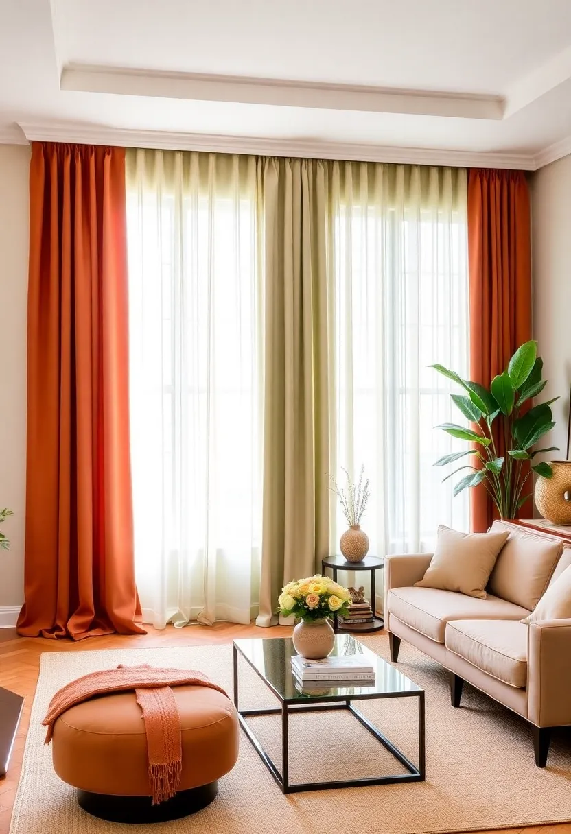 How to Use Earthy Terracotta and Sage Green in Textiles: Curtains, Rugs, and More for Any Room! - Living room: Chic terracotta curtains