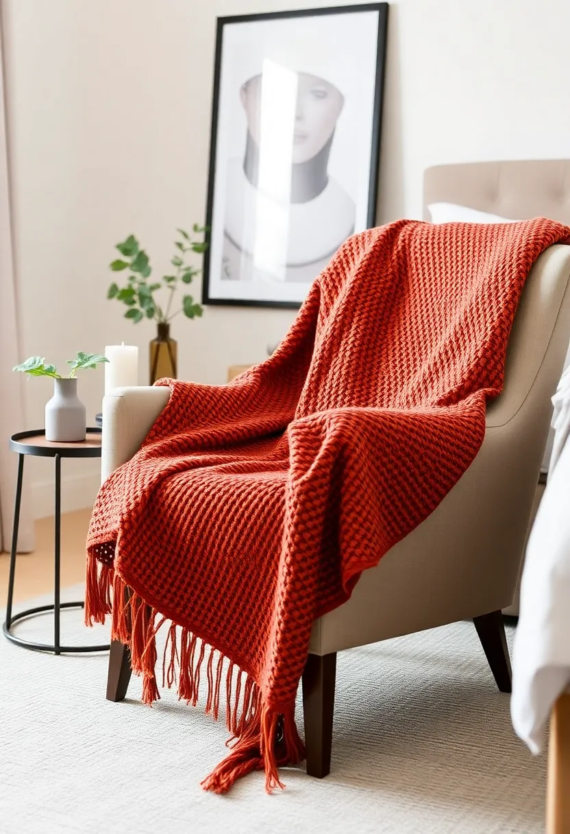 Layers of Textiles: 15 Earthy Terracotta and Sage Green Bedding and Throws for Ultimate Comfort! - 10. Terracotta woven throw