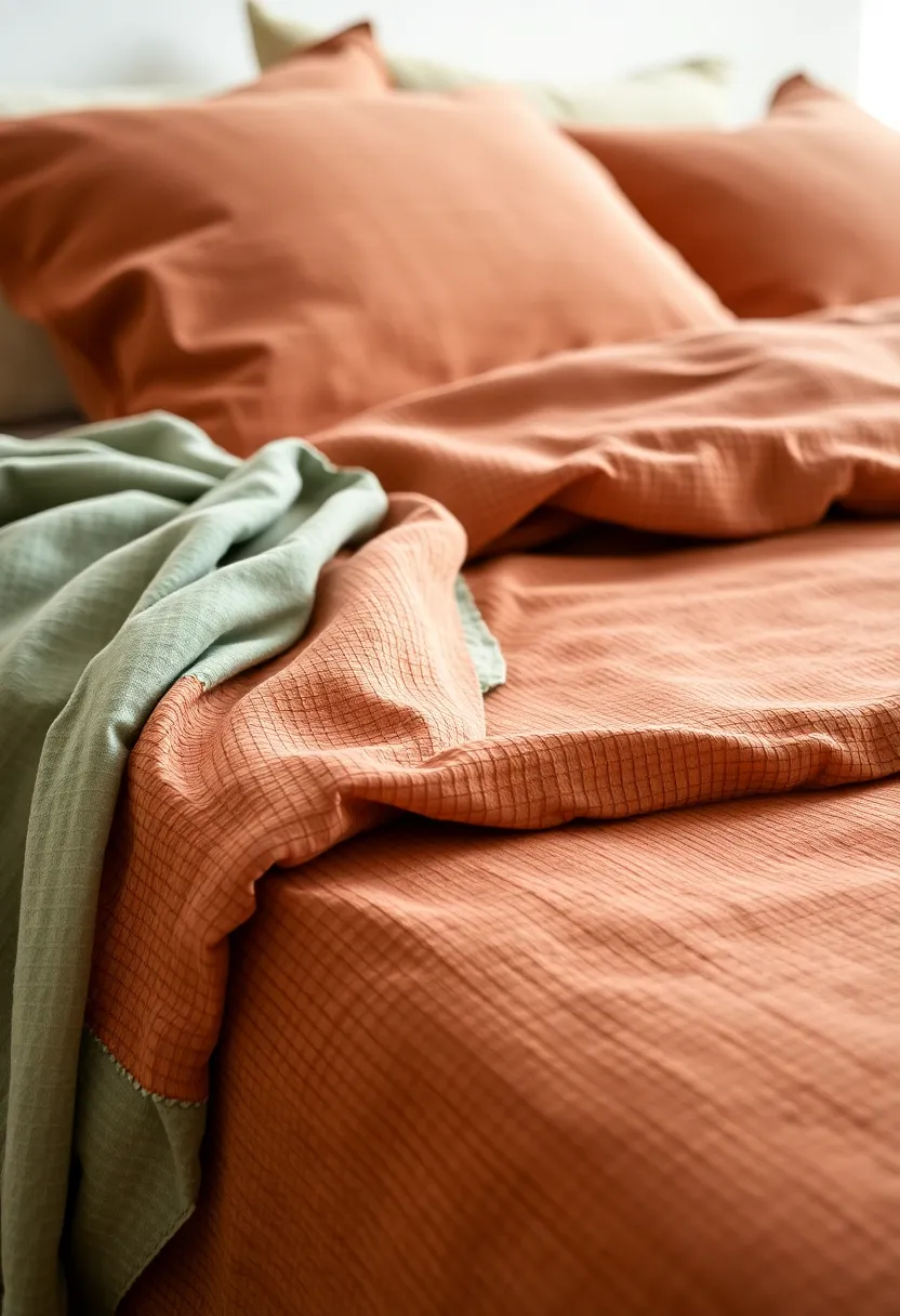 Layers of Textiles: 15 Earthy Terracotta and Sage Green Bedding and Throws for Ultimate Comfort! - 1. Terracotta textured cotton sheets