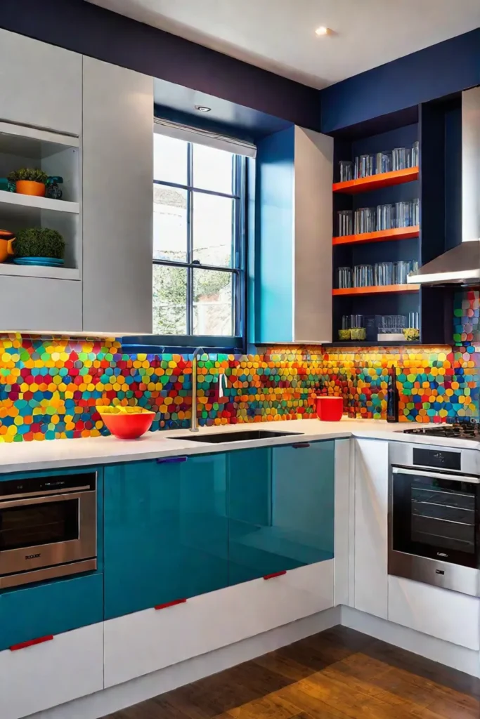 Colorful small kitchen with accented LED lighting