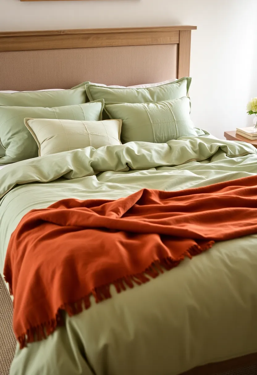 Discover the secret to a cozy home: 21 decorating hacks in earthy terracotta and sage green! - 20. Sage green bedding