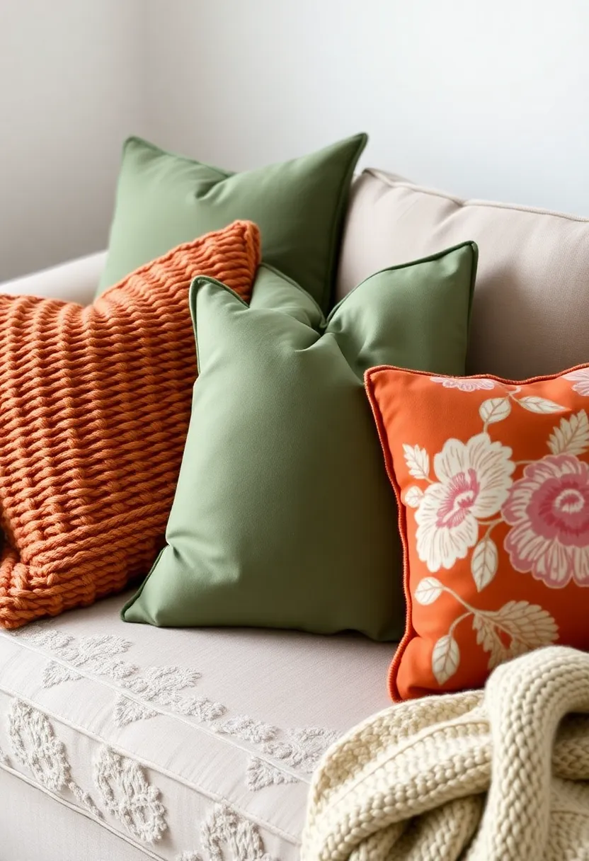 Discover the secret to a cozy home: 21 decorating hacks in earthy terracotta and sage green! - 5. Textured cushions