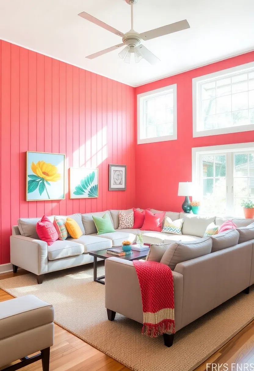 Discover the Secrets: 14 Beadboard Wall Colors for a Stunning Living Room! - 13. Vibrant Coral: Playful pop