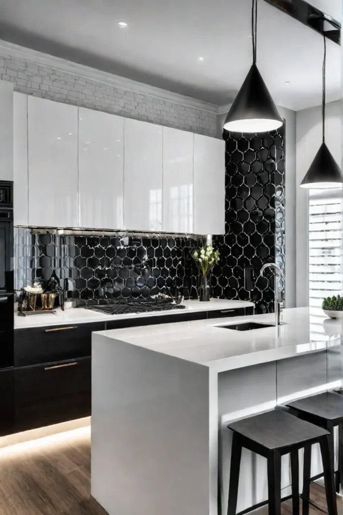 Black and white kitchen splashback in white kitchen