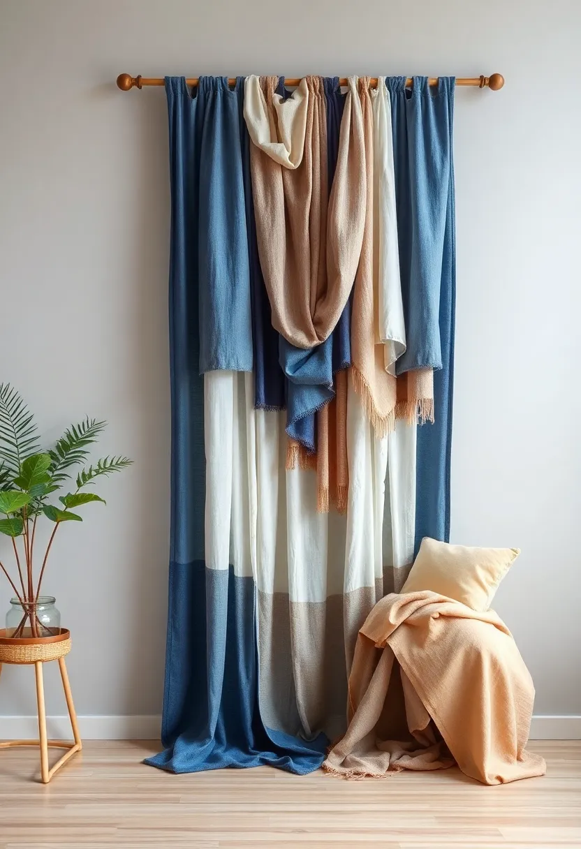 Layered Textile Cascade: Create a layered textile cascade with varying lengths of fabric draped gracefully from a mounted rod