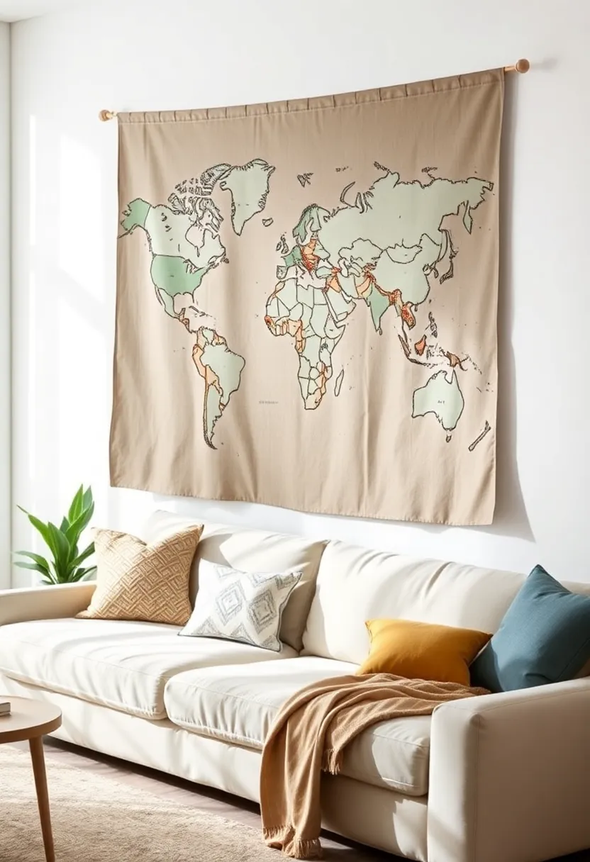 Fabric Wall Map: Use fabric to create a world map wall hanging that invites travel inspiration and cultural exploration into your home