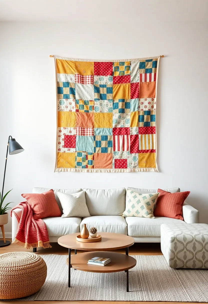 Patchwork Quilt Display: Hang a colorful patchwork quilt as wall art, showcasing your favorite fabrics while keeping rooms cozy