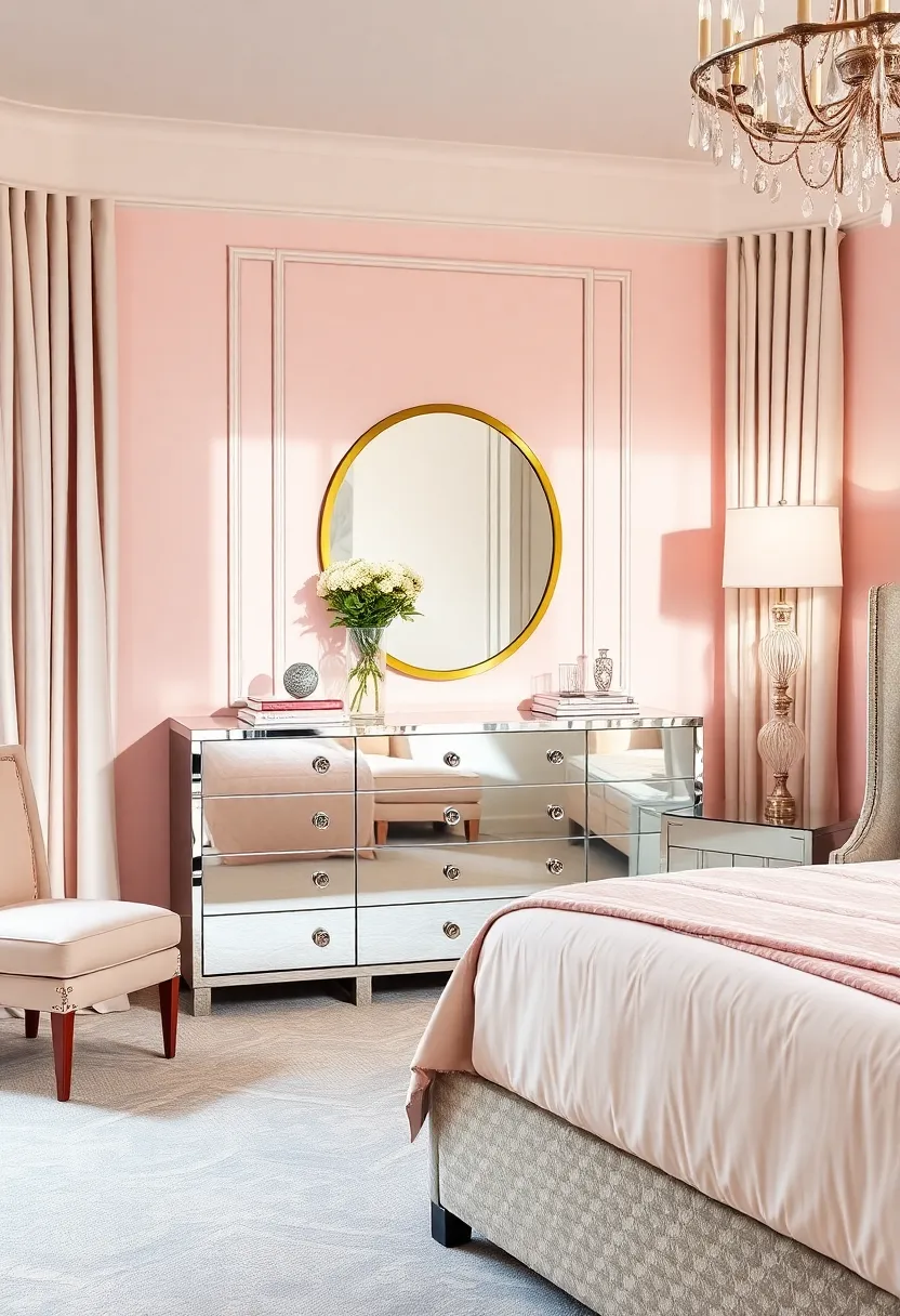 embrace the glamour of the past with a master suite adorned in soft pastels‌ and a striking mirrored dresser that captures both‍ light and attention