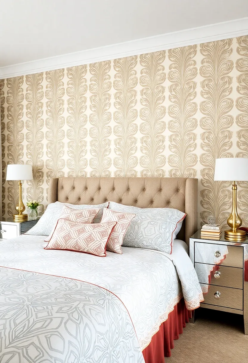 Discover the charm of geometric patterns in bedding ‍and wallpaper that‌ harmonize beautifully with sleek mirrored nightstands, creating​ a cohesive ​look