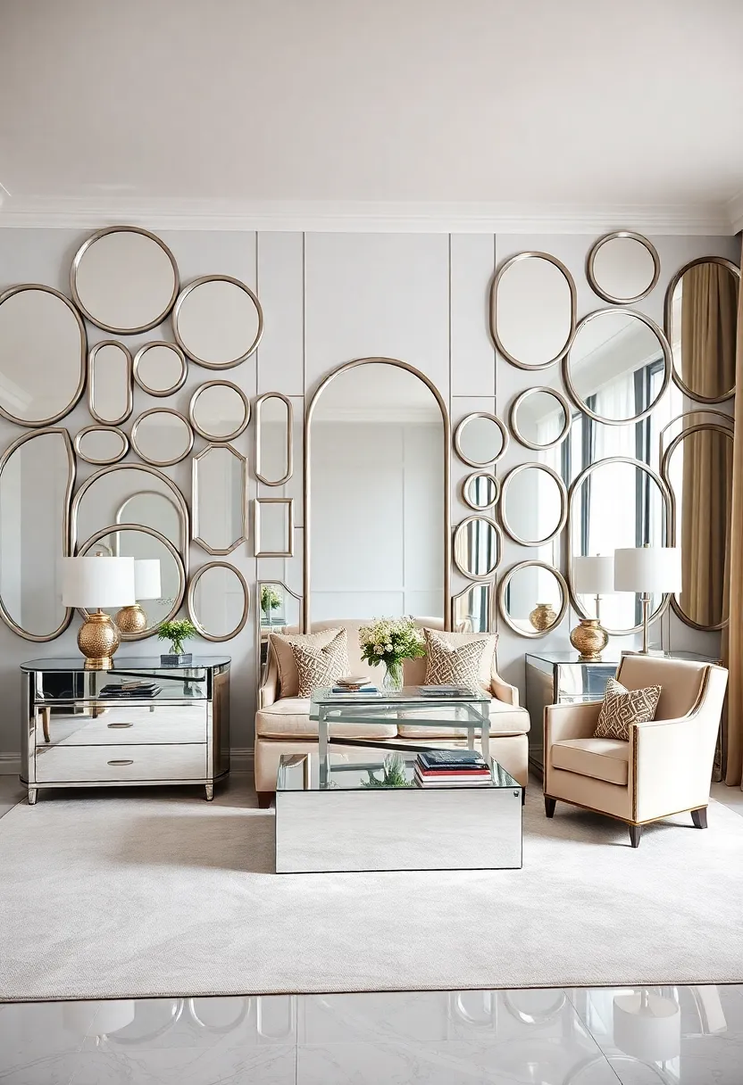 An array of mirrors in varying shapes⁢ creates a dynamic feature wall, providing a bold focal point that reflects the room's refined aesthetic