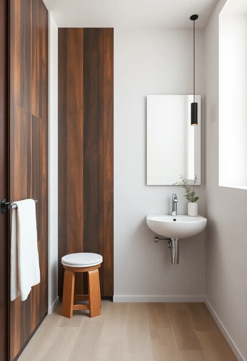 Captivating Contrast: Dark Wood Against Light Bathroom Walls