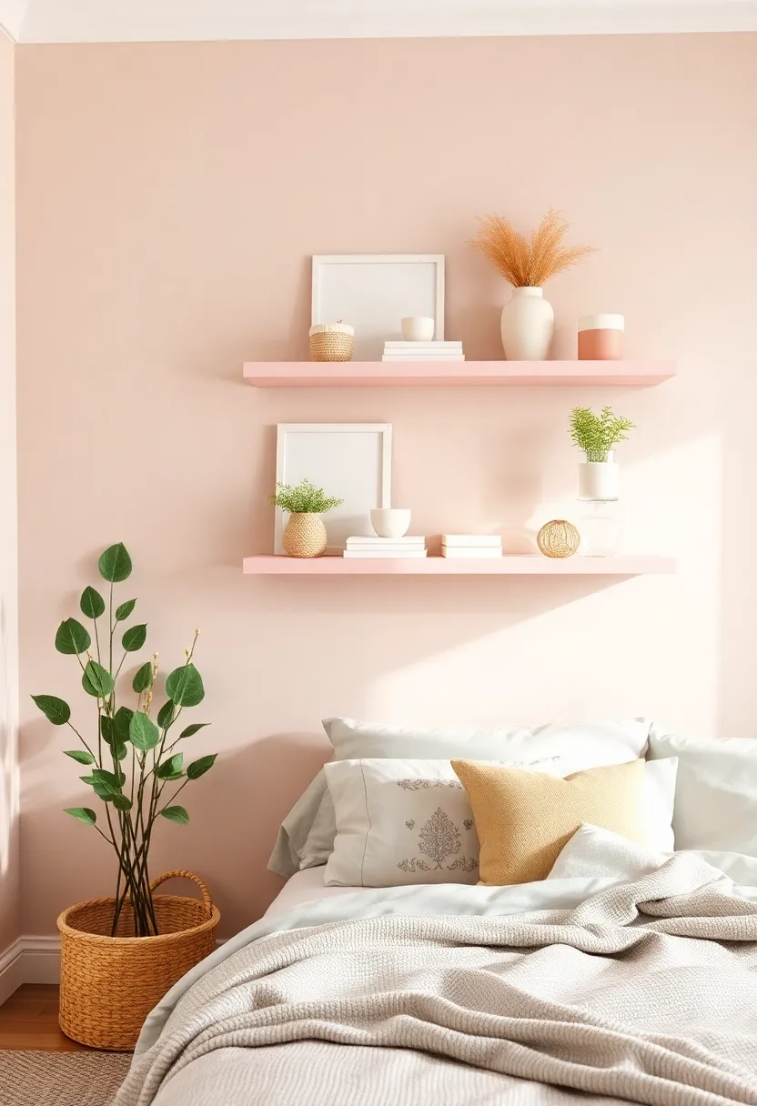 Cozy Soft-Toned Shelves: Paint floating shelves in calming pastels to display soft-toned decor items, creating a curated, peaceful display