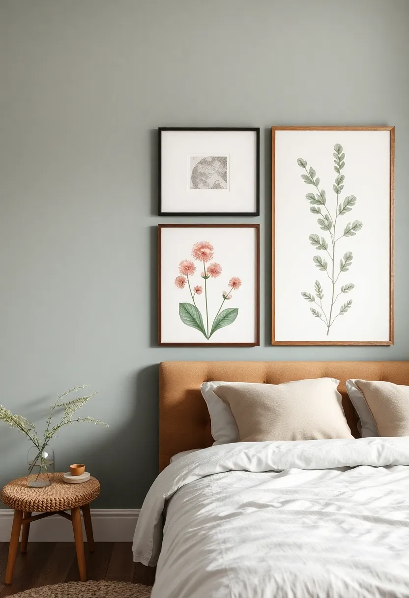 Earthy Tones with Botanical Prints: Combine soft earthy colors with botanical wall art for a refreshing, nature-inspired look