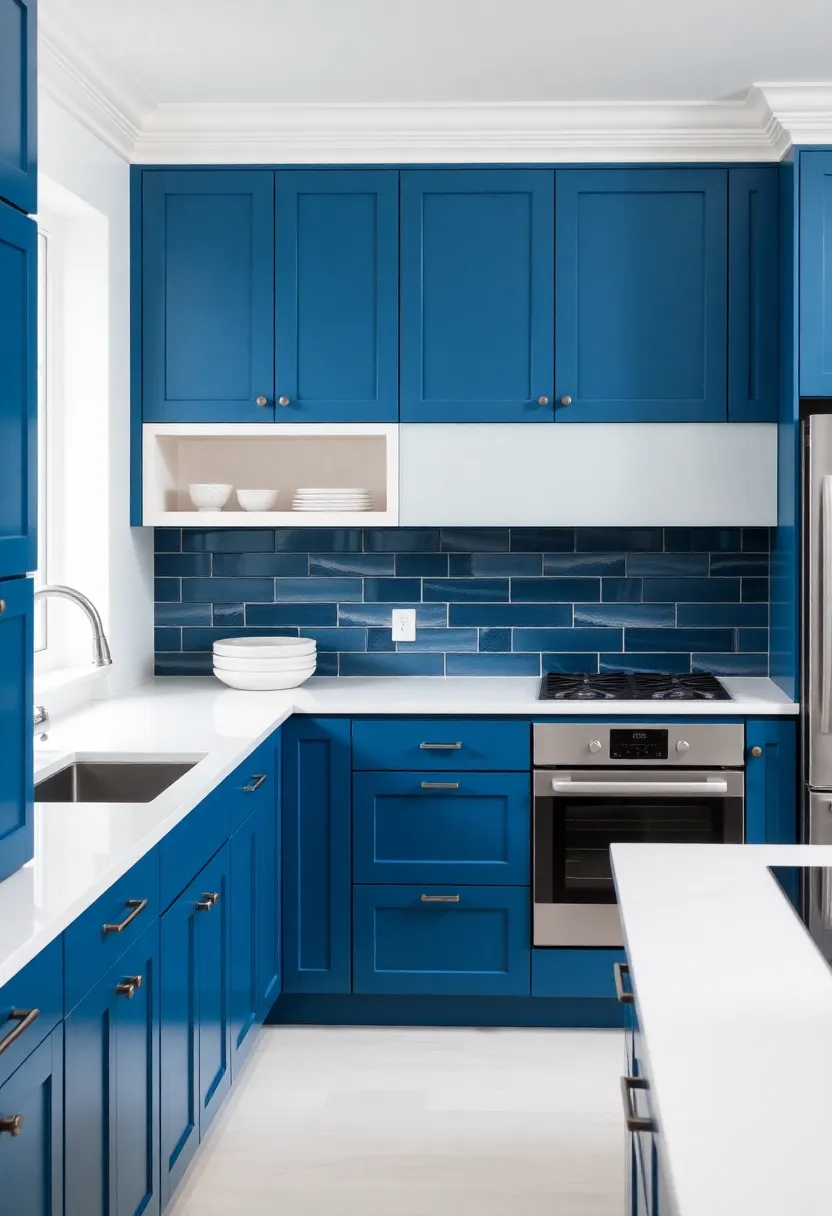 Classic White Countertops to complement Blue Cabinetry