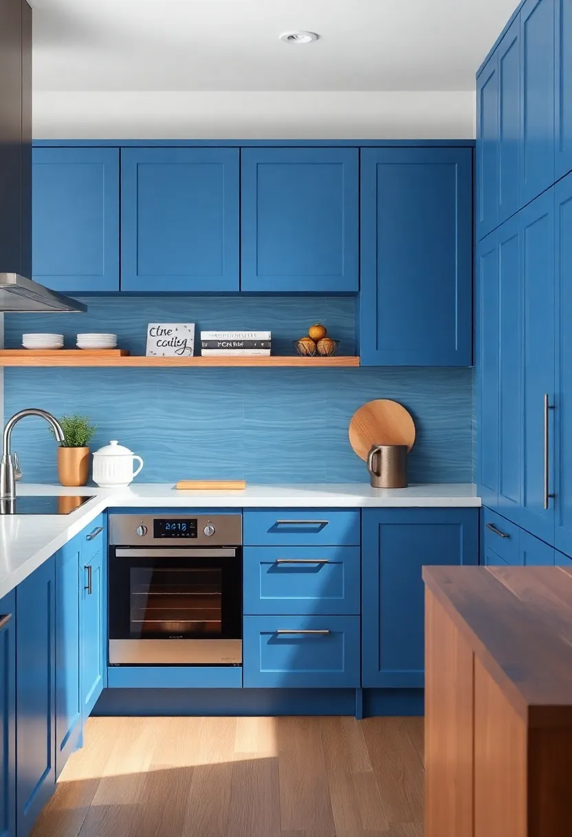 Mixing Textures: Pairing Blue Cabinets with Wood Elements