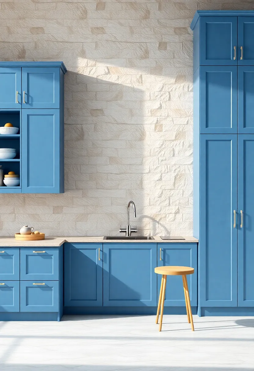 Pairing Blue Cabinets with Natural Stone Backdrops