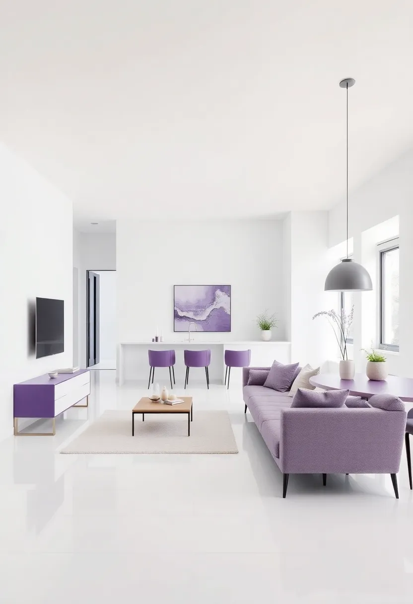 Innovative Uses of Soft ​White‍ and‍ Purple in Open Concept Living