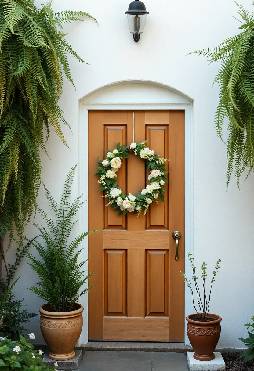 A charming cottage door framed by hanging ferns, adorned with a delicate, romantic wreath that echoes the softness of the surrounding gardens
