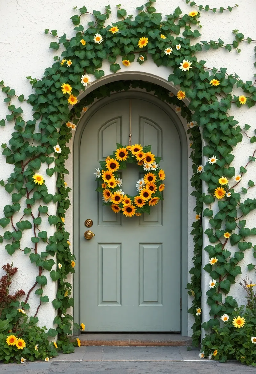 A charming arched doorway enveloped in climbing ivy, with a handcrafted wreath made of sunflowers and daisies that brighten even the cloudiest of days
