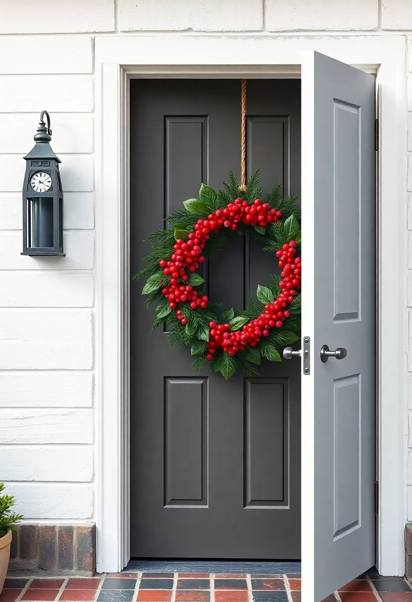 A charming Dutch door half-open, where a seasonal wreath filled with berries and holly evokes the warmth and joy of the holiday season